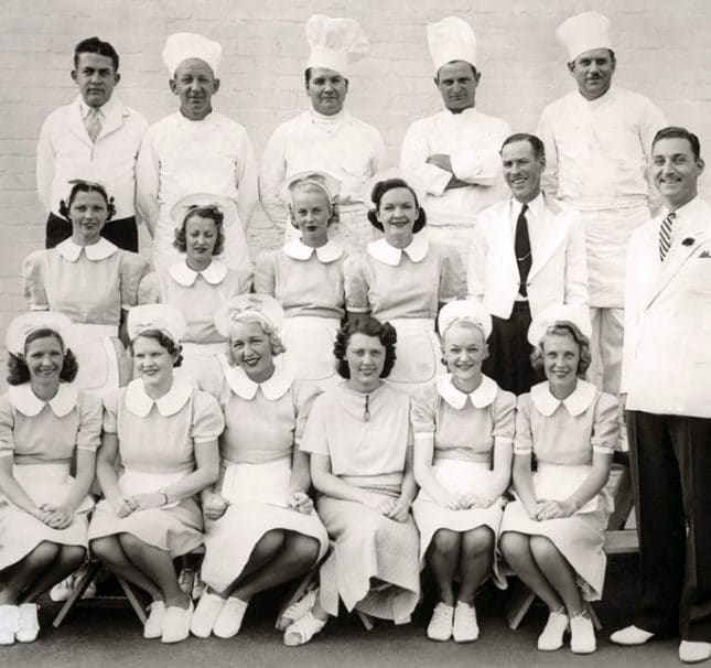 Vintage photo of Lawry's chefs and servers.