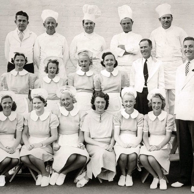 Vintage photo of Lawry's chefs and servers.